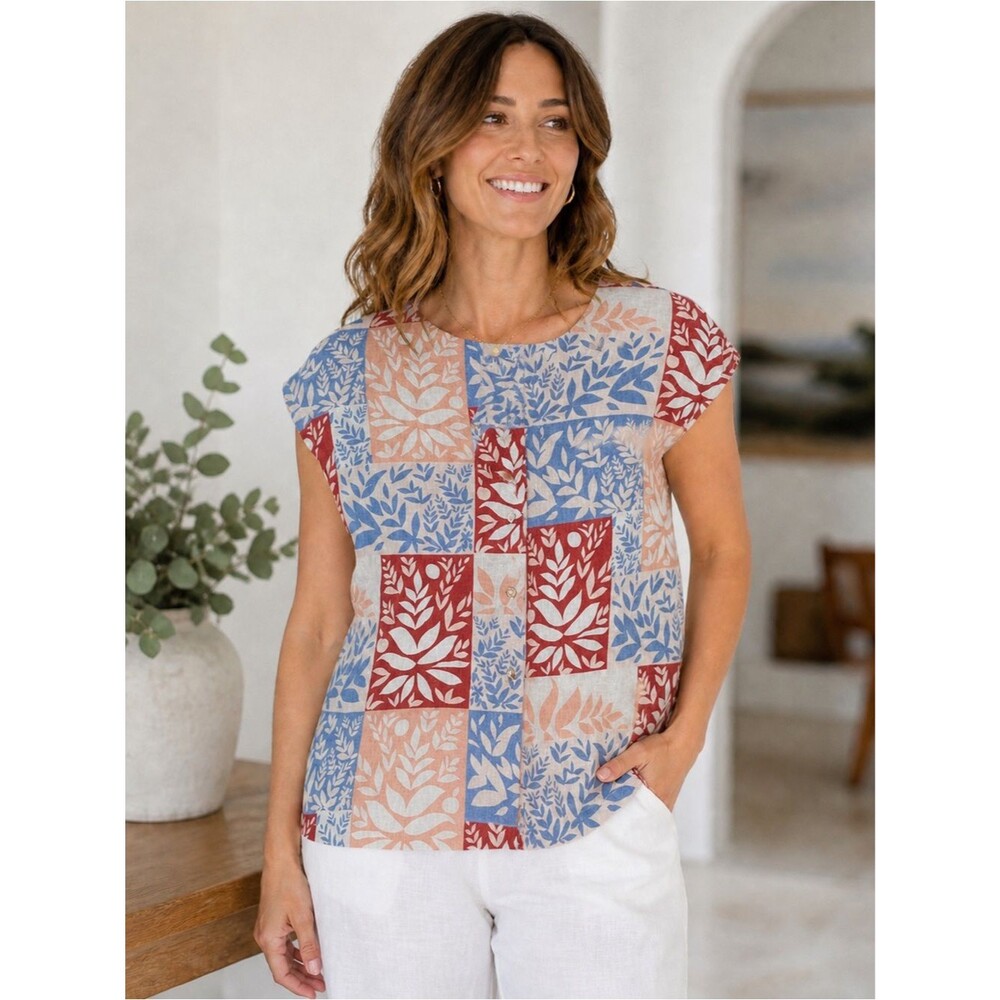 Sigrid Olsen Womens M 100% Linen Patchwork Floral Button Front Top Coastal Boho